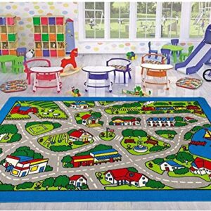 Kids/Baby Room/Daycare/Classroom/Playroom Area Rug City Roads Map Train Tracks